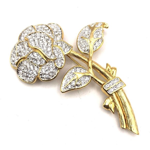 NOLAN MILLER Large Pave Rhinestone Rose Flower Gold Tone Pin Brooch 4" - Picture 9 of 10